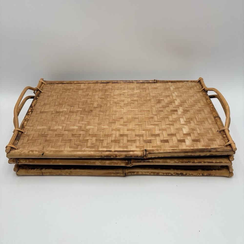 Set of 3 Woven Bamboo Rattan Serving Trays Handles Boho Tiki Coastal Vintage